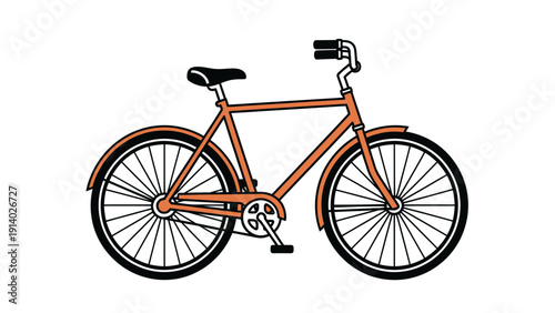 Illustration of a classic orange bicycle with black tires and brown saddle.