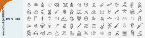 Adventure and outdoor recreation icons set, outline symbols for camping hiking extreme sports travel exploration and nature activities vector illustration