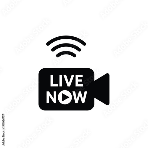 Vector illustration icon black camcorder with live now text and signal waves