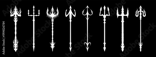 Trident icon. Devil pitchfork logo. Satan harpoon or fantasy myth spear. Weapon for Neptune or evil demon. Poseidon fork. Ancient lance. Vector black and white silhouette flat symbols set