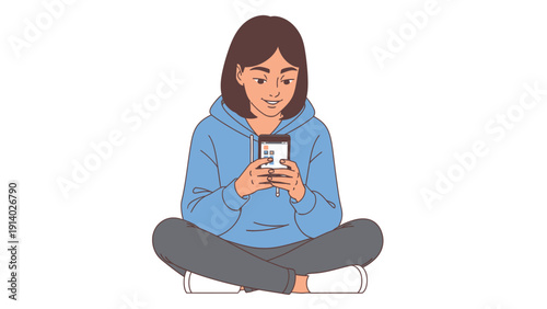 Young woman sitting cross-legged and using smartphone with smile.