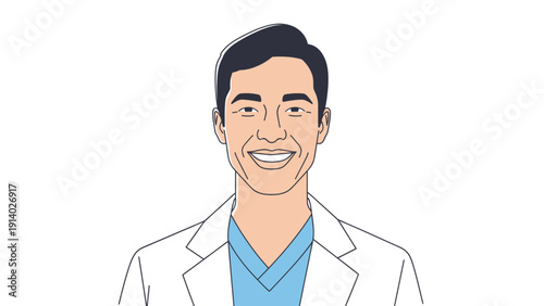 Smiling male doctor wearing white coat and blue scrubs illustration.