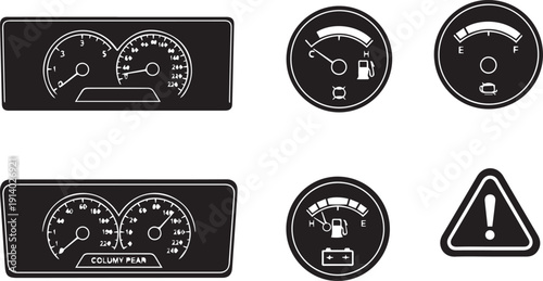 Set of black and white car dashboard warning lights and gauges isolated on transparent background