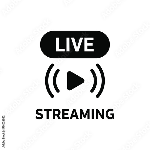 Vector illustration icon black live streaming icon with play button on pure