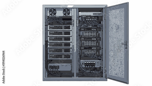 Open server rack with network and computing equipment inside a data center.