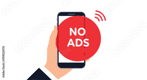Hand holds a smartphone with a large red circle and the text NO ADS to illustrate the concept of ad-blocking technology.
