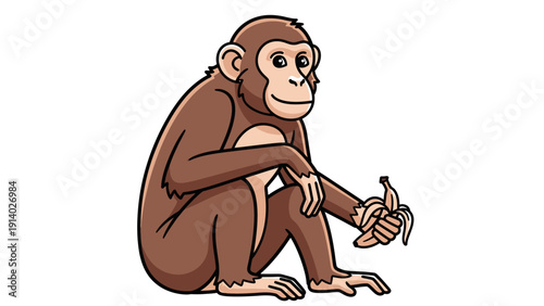 Illustration of a thoughtful monkey sitting and holding a small object.