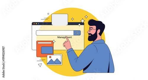 Manager uses a search bar on a digital interface to find and organize files for a content management system workflow.