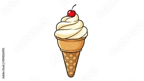 Illustration of a vanilla ice cream cone with a cherry on top.