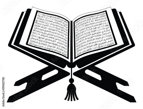Black and White Illustration of an Open Quran on a Stand