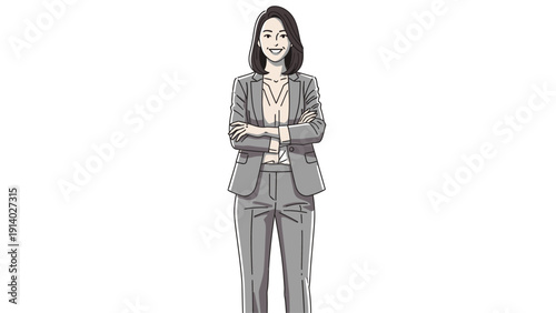 Confident businesswoman standing with arms crossed in professional suit.
