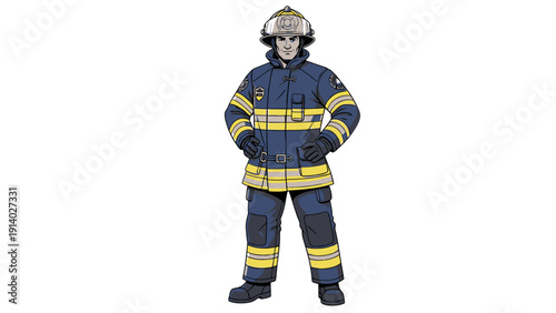 Firefighter in full protective gear standing confidently with hands in pockets.