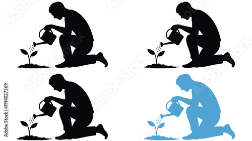 Silhouette of a person watering a young plant, symbolizing growth and care