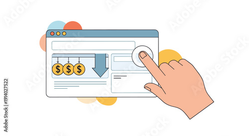 Hand pointing at a button on a website interface for a cost per click campaign showing coins and a decreasing cost arrow.