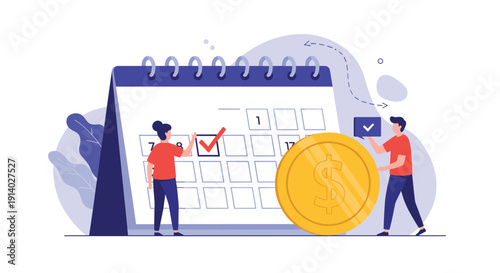 Business team scheduling a payment date on a large calendar with a giant gold coin representing financial planning and deadlines.