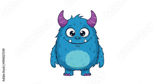 A cute friendly blue fuzzy monster with horns and big eyes stands happily smiling on a clean white background.