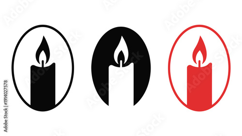 Three stylized candle in black, white, and red, representing light and warmth