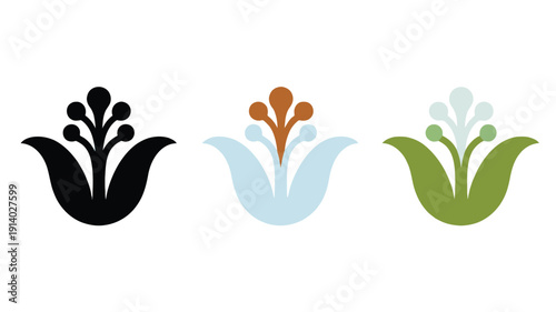 Three stylized floral motifs in black, blue and brown, and green and light blue