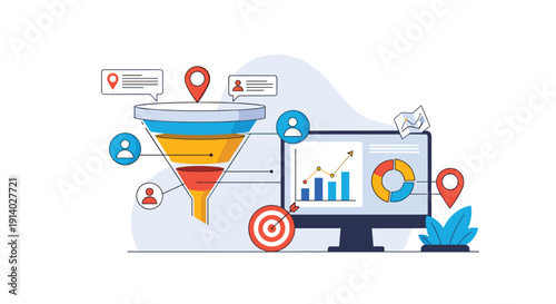 Digital marketing sales funnel visualizing the process of converting leads into customers with data analytics on a computer screen.