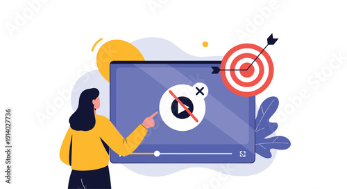 Woman pointing to a video player with a disabled play icon representing a video ad blocker or targeted content removal.