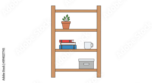 A simple wooden shelving unit with three shelves displays a potted plant, colorful stacked books, a white mug, and a gray storage box.