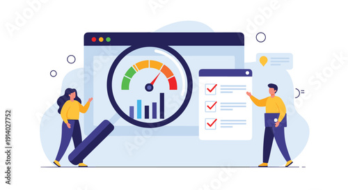 Business team analyzing website performance and page speed optimization using a magnifying glass on a dashboard with a speedometer.
