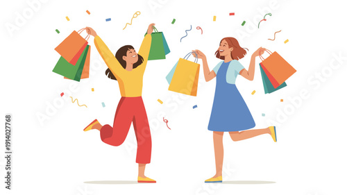 Two happy women with shopping bags and confetti, celebrating a successful shopping trip