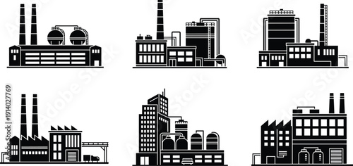 Factory silhouettes collection, industrial buildings, manufacturing infrastructure, urban planning illustration, smokestack design, silo storage, piping system, production , , industrial architecture