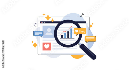 Social media analytics concept with a magnifying glass over a user profile showing engagement growth with likes and comments.
