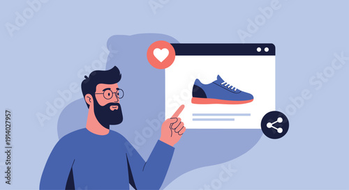 Man pointing at a shoe on an e-commerce product page with like and share buttons for social media engagement.