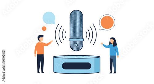 People interacting with a smart speaker using voice commands processed by a large microphone for home automation and assistance.