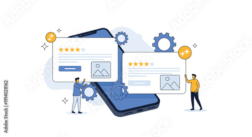 Mobile app developers working on the user interface for a customer review and rating system on a large smartphone screen.