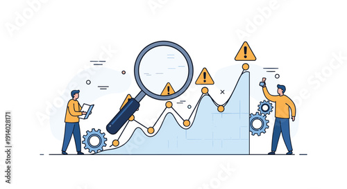 Risk management team analyzing a data chart with warning signs to identify and mitigate potential business or project risks.