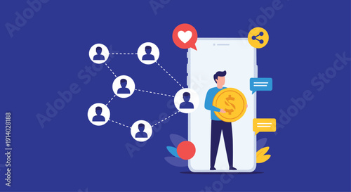Influencer marketing concept showing a man with a large coin on a smartphone with a network of connected user profiles.