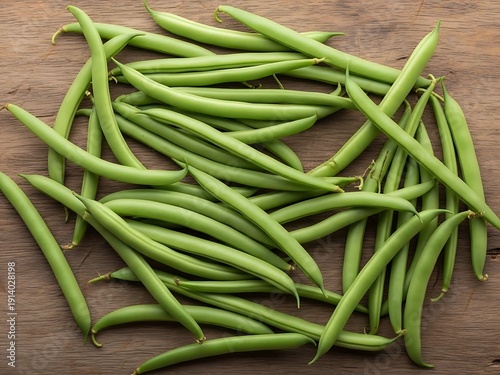 Freshly Picked Green Beans Displayed on a Rustic Wooden Surface