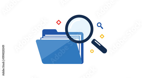 Searching for a document or file within a folder using a magnifying glass for data retrieval and information management.