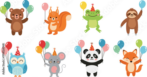 Cute cartoon birthday animal collection featuring bear squirrel frog sloth owl mouse panda and fox with colorful balloons and party hats on white.