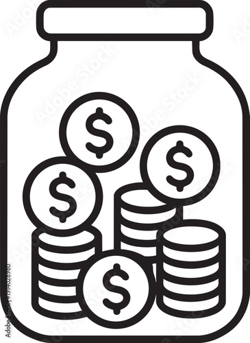 Glass jar container filled with coins representing savings fund and budget accumulation