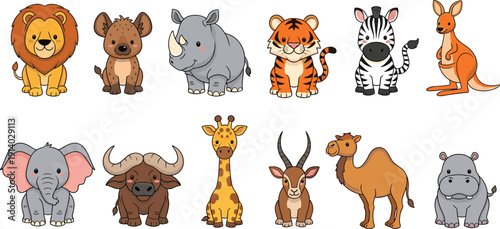 Large collection of cute cartoon wild animals featuring lion giraffe tiger elephant zebra kangaroo and rhino characters isolated on white background.