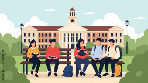 Group of diverse college students sitting on benches and talking or reading books on campus in front of university building.