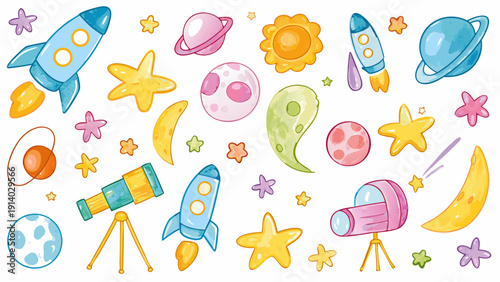 Hand drawn crayon pencil stroke doodle rockets, planets, stars, comets, astronauts, moons, telescopes, and alien creatures. Vector illustration