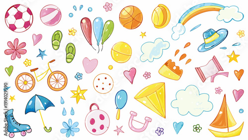 Hand drawn crayon pencil stroke doodle soccer balls, kites, roller skates, bicycles, swimming pools, and frisbees. Vector illustration