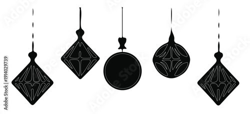 Black beads with decorations on a thread can be used as a fabric design, home textiles, wallpaper design. Linear a garland of hanging light. Decor for a holiday and home, vector illustration.