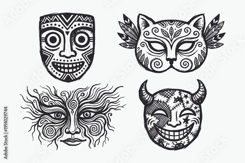 Grunge Black and White Mask Collection: Tribal, Cat, Abstract, and Voodoo Devil Set
