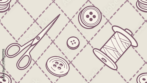 Seamles pattern with tiny scissors, spools of thread, buttons, and fabric swatches. Ideal for kids' fabrics, wrapping paper, wallpapers, scrapbooking, and romantic vintage design.