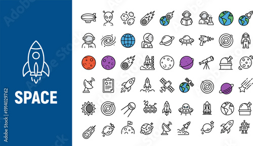 Space Universe Exploration Line Icons Vector Set – Planet Rocket Astronaut Galaxy Star Satellite Telescope Moon Orbit Nebula Outline Icon Pack UI Web App