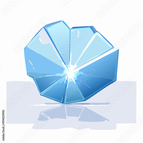 Dynamic broken blue ice shard graphic illustration emitting a luminous light with radiant energy burst