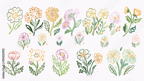 Sketch crayon style modern simple flower art poster or placard collection. Ink, charcoal, pencil or chalk style Colorful hand drawn flowers vector illustration set.