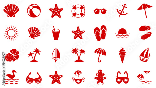 Summer Beach-themed icon set, red festival, holidays vector symbol collection