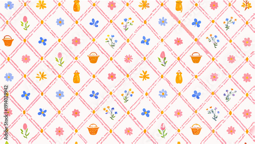 Springtime meadow inspired  Seamless pattern. Ideal for kids' fabrics, wrapping paper, wallpapers, scrapbooking, and romantic vintage design.